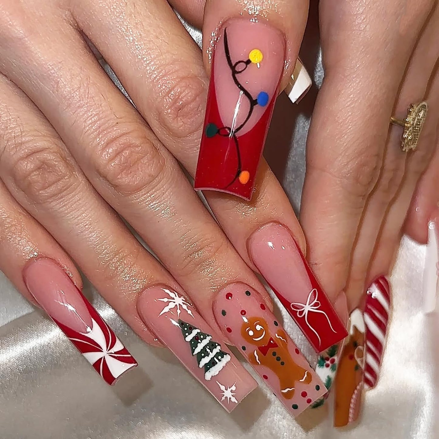 IMSOHOT Christmas Press on Nails Long Square Fake Nails Xmas Red False Nails Full Cover Acrylic Winter Cute Stick on Nails for Women 24Pcs