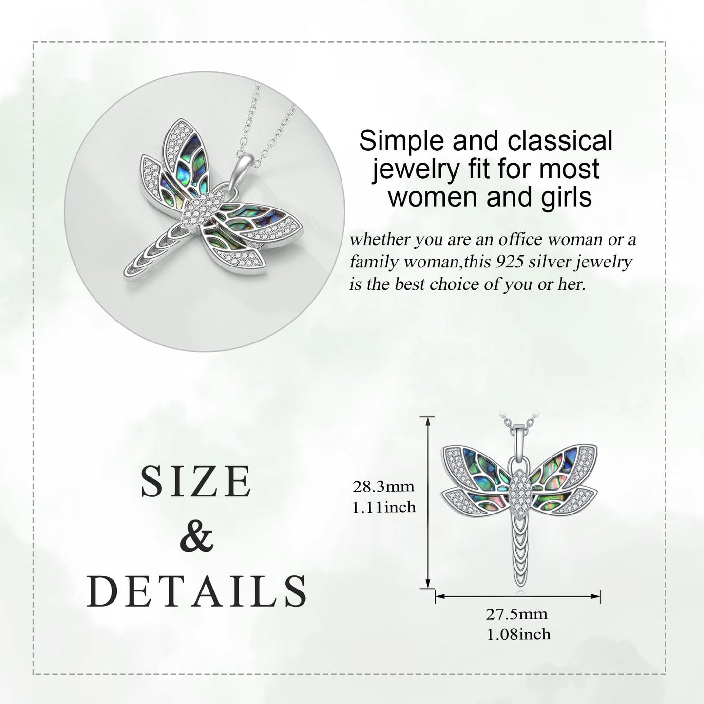 KQF Dragonfly Necklace 925 Sterling Silver Filigree Dragonfly Pendant Abalone Shell Jewelry Gift for Women Mom Daughter