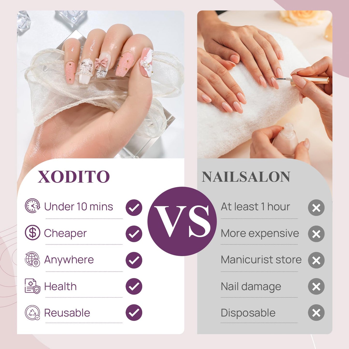XODITO Fake Nails Set Pink Medium Square Bling Glossy 3D Bow Heart Rhinestone Pearl False Nail Tips, Press On Nails, Artificial Art Nails Finger Manicure for Women and Girls(CDJ0030-S)