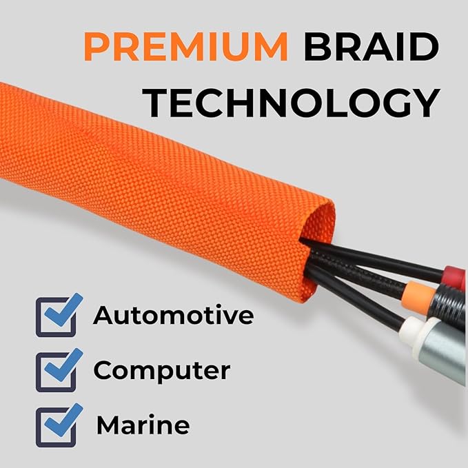 HOLED 5/8 inch Split Braided Cable Management Sleeve for USB Cable Power Cord Audio Video Cable, Wire Loom Cord Protector from Cat Dog Chewing (Orange, 10FT)