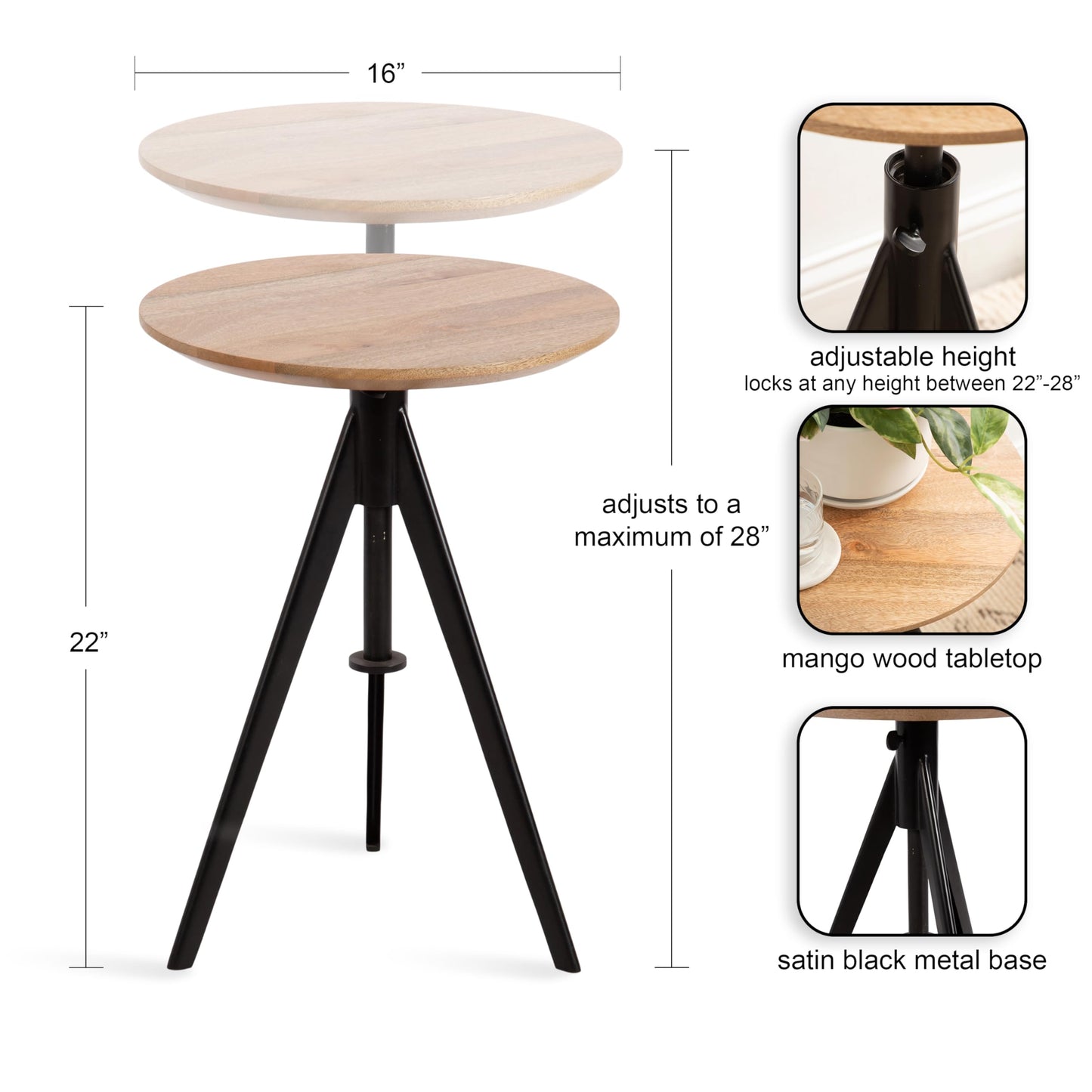 Kate and Laurel Keres Modern Adjustable-Height Round Tripod Side Table, 16 x 16 x 28, Natural Wood and Black, Transitional Circle End Table for Use as Indoor Plant Stand or Bedroom Nightstand