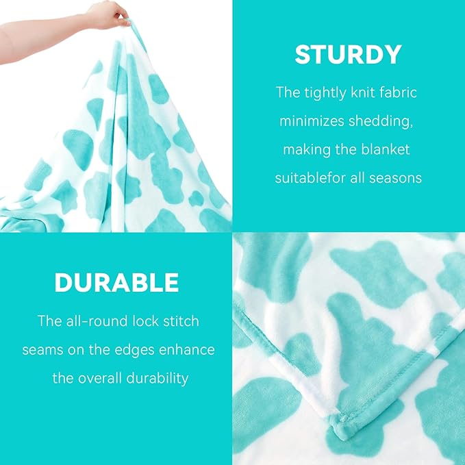 Blue Cow Print Twin Blanket - Lightweight Fuzzy Soft Throw for Bed, Sofa, Dorm, Couch - Cozy Cyan Gifts for Teens Girls Bedroom Decor