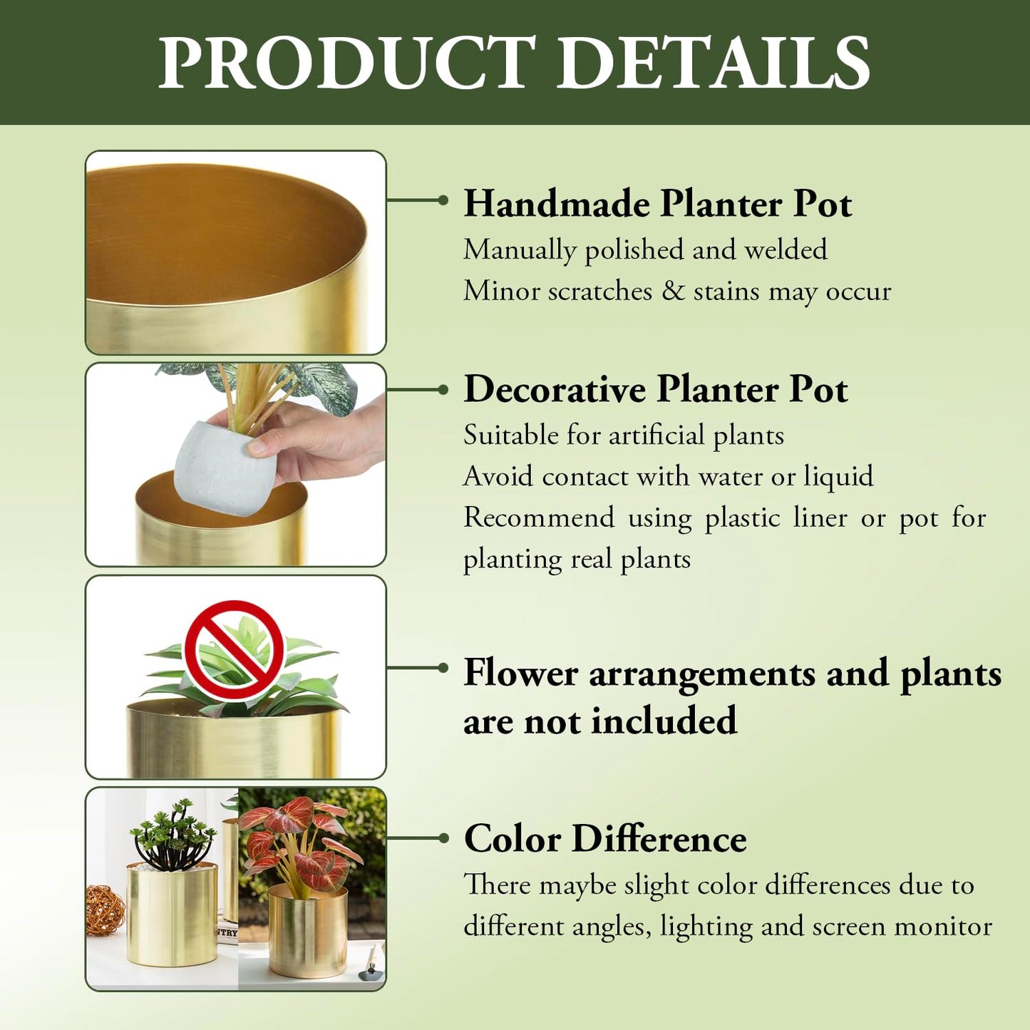 MyGift Modern Brushed Brass Plated Indoor Plant Pot, Cylindrical Metal Vase, 5 and 6 Inch, Set of 2 - Handcrafted in India