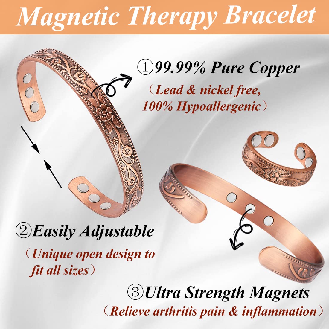 Cigmag Copper Bracelets for Women and Copper Ring 99% Pure Copper Bracelet Adjustable Size Bangle