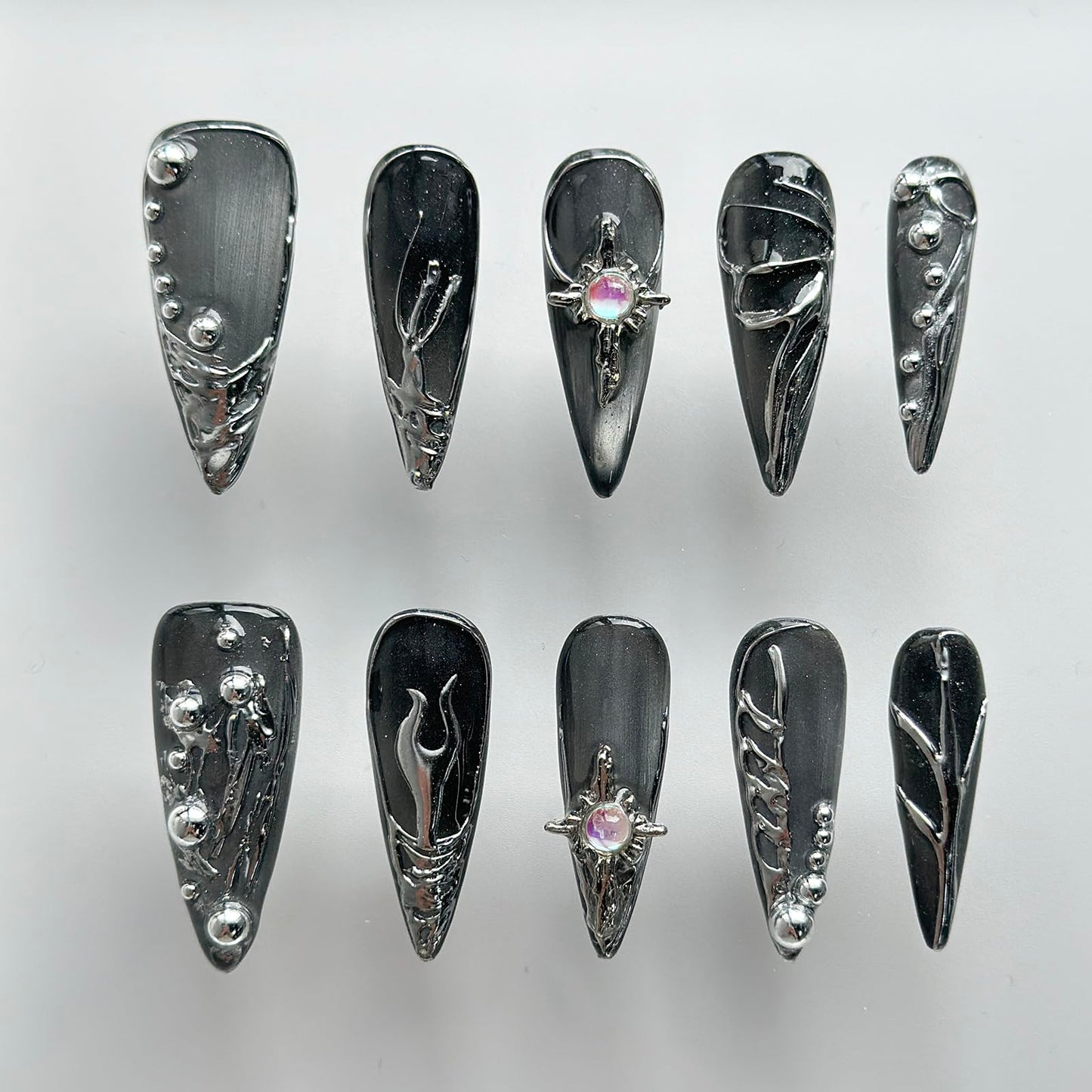 Luxury Press on Nails Long Almond Handmade 3D Unique Reusable ABS Material Fake French Tip Gothic False Nails with Designs Silver Curve Line Black&Gray Glue on Nails Thick Acrylic Nails(M)