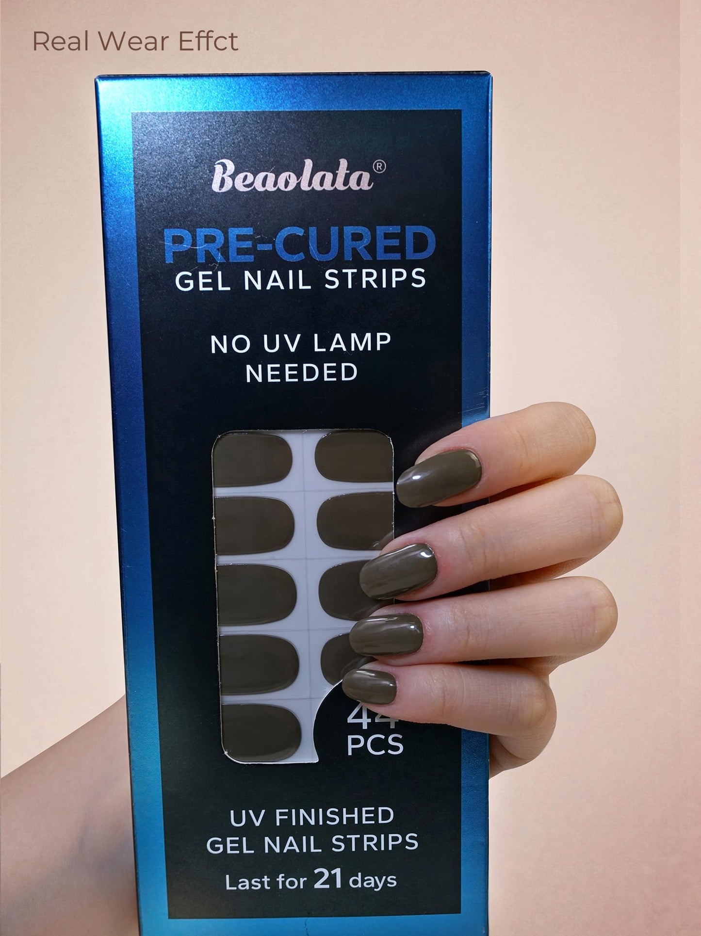 Beaolata Real Gel Nail Strips (No UV Light Needed) - 44Pcs Salon Quality Nail Stickers - Long Lasting Polish Wraps for Women, Easy Apply & Remove (Fern Brown)
