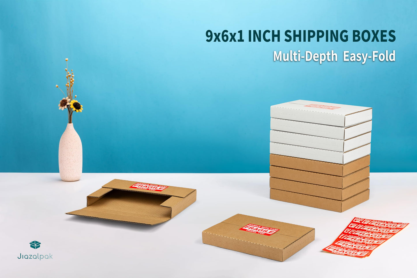 Jiazalpak 9x6x1 Inch Shipping Boxes, Brown Corrugated Cardboard, Multi-Depth DVD Mailer Boxes with Fragile Stickers, 25 Pack