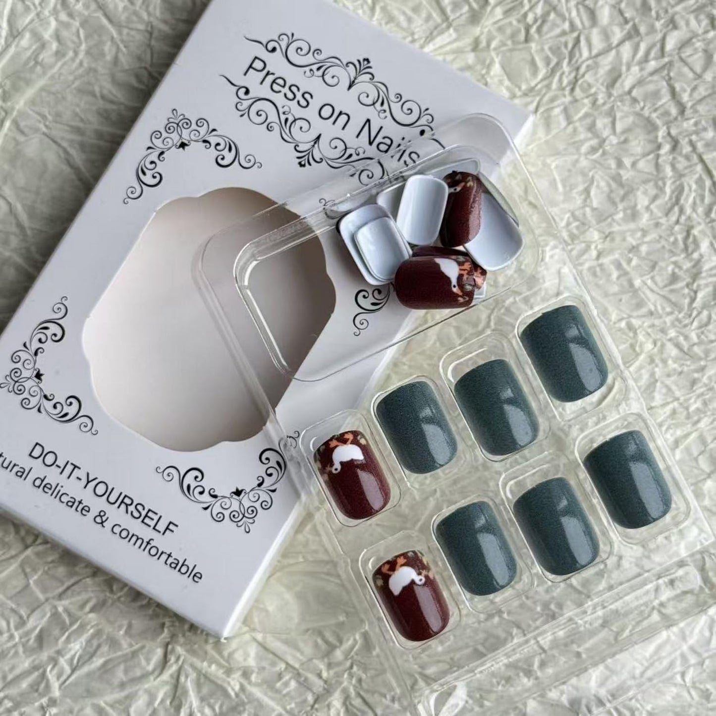 24pcs Cute Press on Nail Short Square Fake Nails with Goose designs Stick on Nail Green Grey Brown Press ones Glossy Full Cover Glue on Nails Reusable False Nails for Women Work