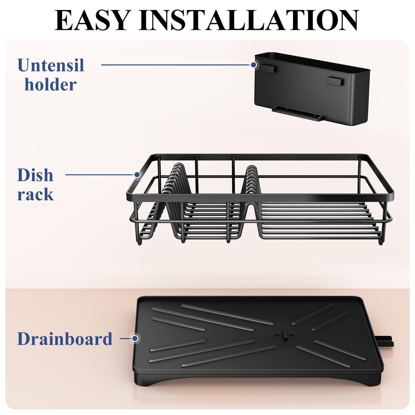 SNTD Dish Drying Rack for Kitchen Counter - Large Dish Rack with Drainboard, Rustproof Dish Drainer with Utensil Holder for Sink, Black