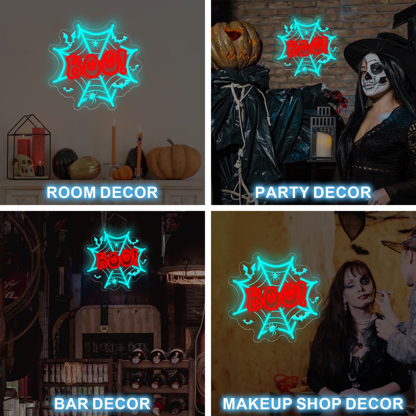 Boo Neon Sign Halloween Decors Spider Web LED Light Bats Decors Boo Dripping Sign Spooky Haunted House Party Wall Art, Ice Blue+Red, 13.8"x13.2"