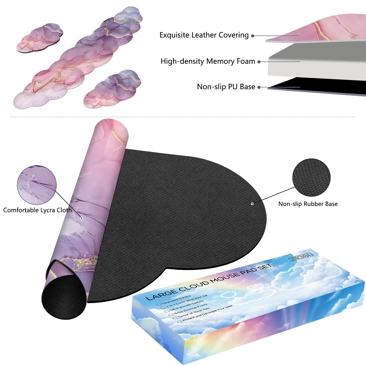 JIKIOU Large Cloud Mouse Pad Waterproof with Cloud Keyboard Wrist Pad and Cloud Mouse Wrist Pad Set, Ergonomic Computer Desk Wrist Support Mousepad for Keyboard and Mouse 35.4x15.7in Marble Pink