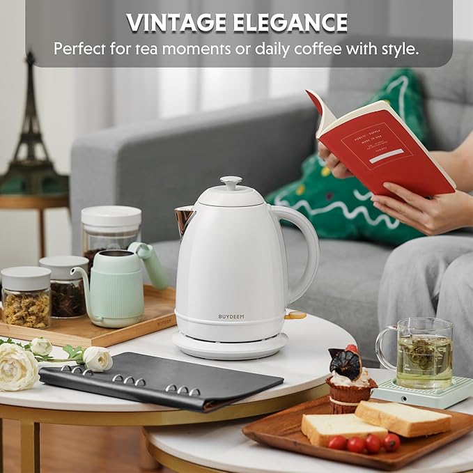 BUYDEEM K640 Stainless Steel Electric Tea Kettle with Auto Shut-Off and Boil Dry Protection, 1.7 Liter Cordless Hot Water Boiler with Swivel Base, 1440W, Arctic White