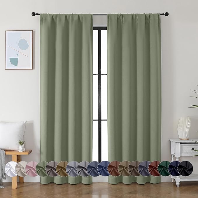 Simplebrand Ava Sage Green Blackout Curtains for Bedroom 84 Inch Length 2 Panels Set, Solid Thermal Insulated Privacy Living Room Window Treatment Curtains Blackout Drapes, W40 x L84 Inch, Sage Green