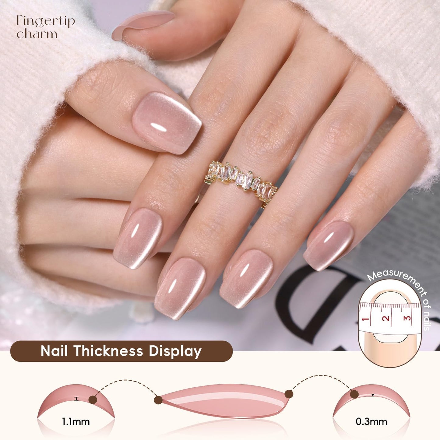Brown Cat Eye Press on Nails Short Square,Glossy Glass Fake Nail Kit Neutral Nude Chocolate Brown False Nails Winter Fall Nails with Mirror Metallic Silver Nail Stickers,150pcs 15 Sizes