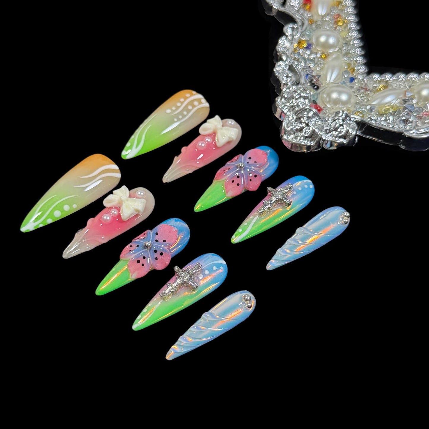 Handmade Press On Nails, 3D Flower Bow Cross Design, Long Stiletto Shape, Pastel Gradient Acrylic Fake Nails Gift set for Women Rainbow (M)