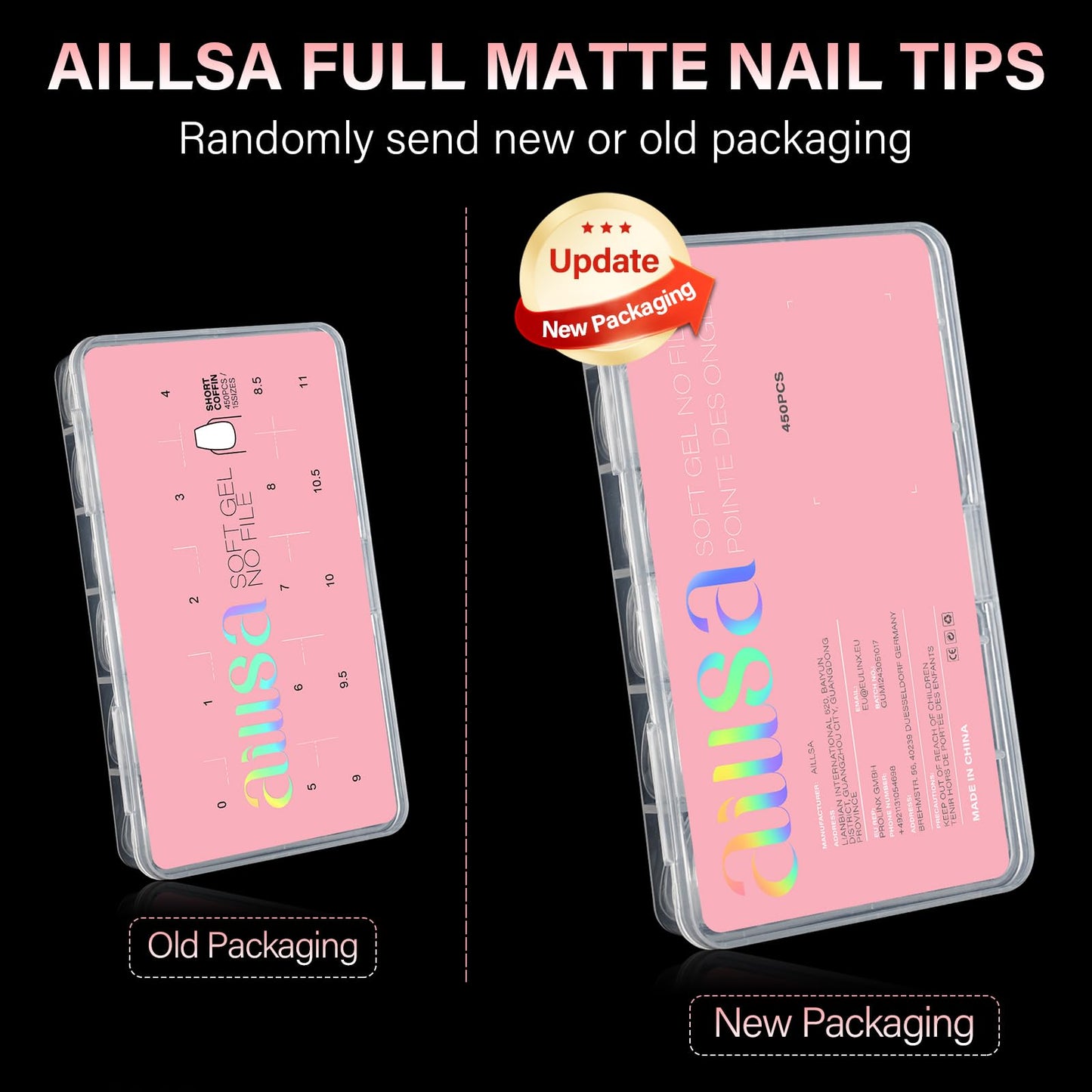 AILLSA Short Coffin Nail Tips 450PCS Full cover Double-sided Matte Gel Nail Tips Adhesion Pre-Shaped Press on Nails Tips for Home DIY Nail Arts Salon 15 Sizes