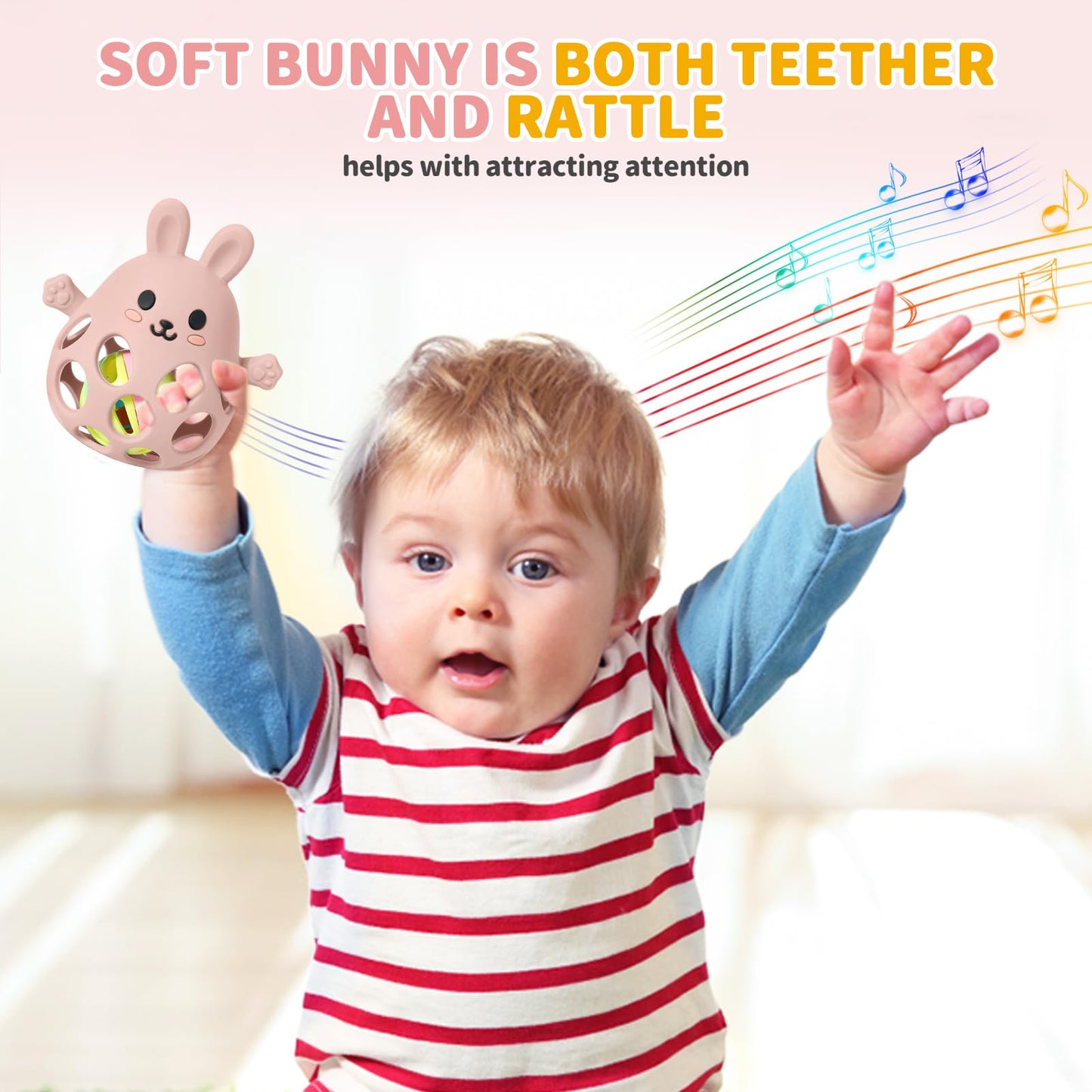 Orzbow Bunny Teether for Baby, Easter Teether with 2 in 1 Rattle & Teething, Easy Grasp Teething Mittens for Babies 3-12 Months, Food Grade Silicone, Newborn Infant Easter Basket Stuffers Gifts, Pink