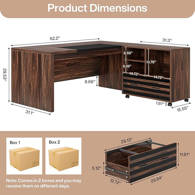 Tribesigns 62.2" Executive Desk with Mobile File Cabinet, L-Shaped Office Desk with Storage Shelves, Large Computer Table Business Workstation Set for Home Office, Dark Brown
