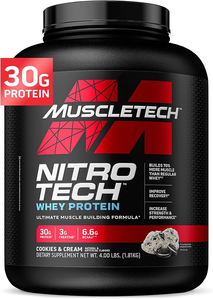 Muscletech Whey Protein Powder (Cookies & Cream, 4 Pound) - Nitro-Tech Ultimate Muscle Building Formula with Whey Protein Isolate & Peptides - 30g of Protein, 3g of Creatine & 6.8g of BCAA