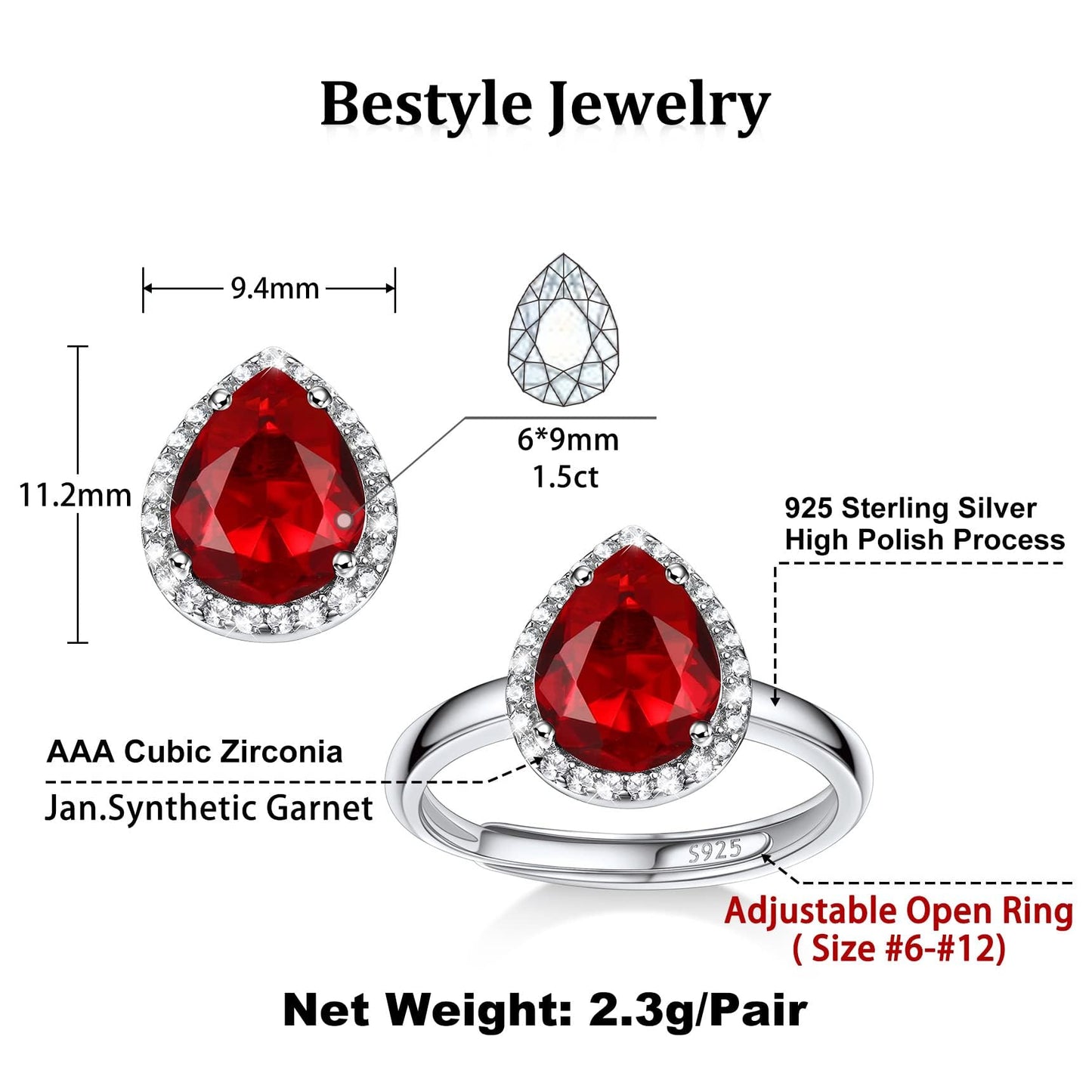 Bestyle 925 Sterling Silver Created Diamond Rings Teardrop Crytsal Rings for Women, 8mm January Granet Birthstone Gemstone Rings Illuminated by 1mm White Cubic Zirconia