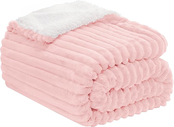 INFIIXSO Sherpa Throw Blanket for Couch - Super Soft & Warm Striped Fleece Blanket, Cozy Plush Fluffy Blanket All Season Use (Pink, 50x60 Inches)