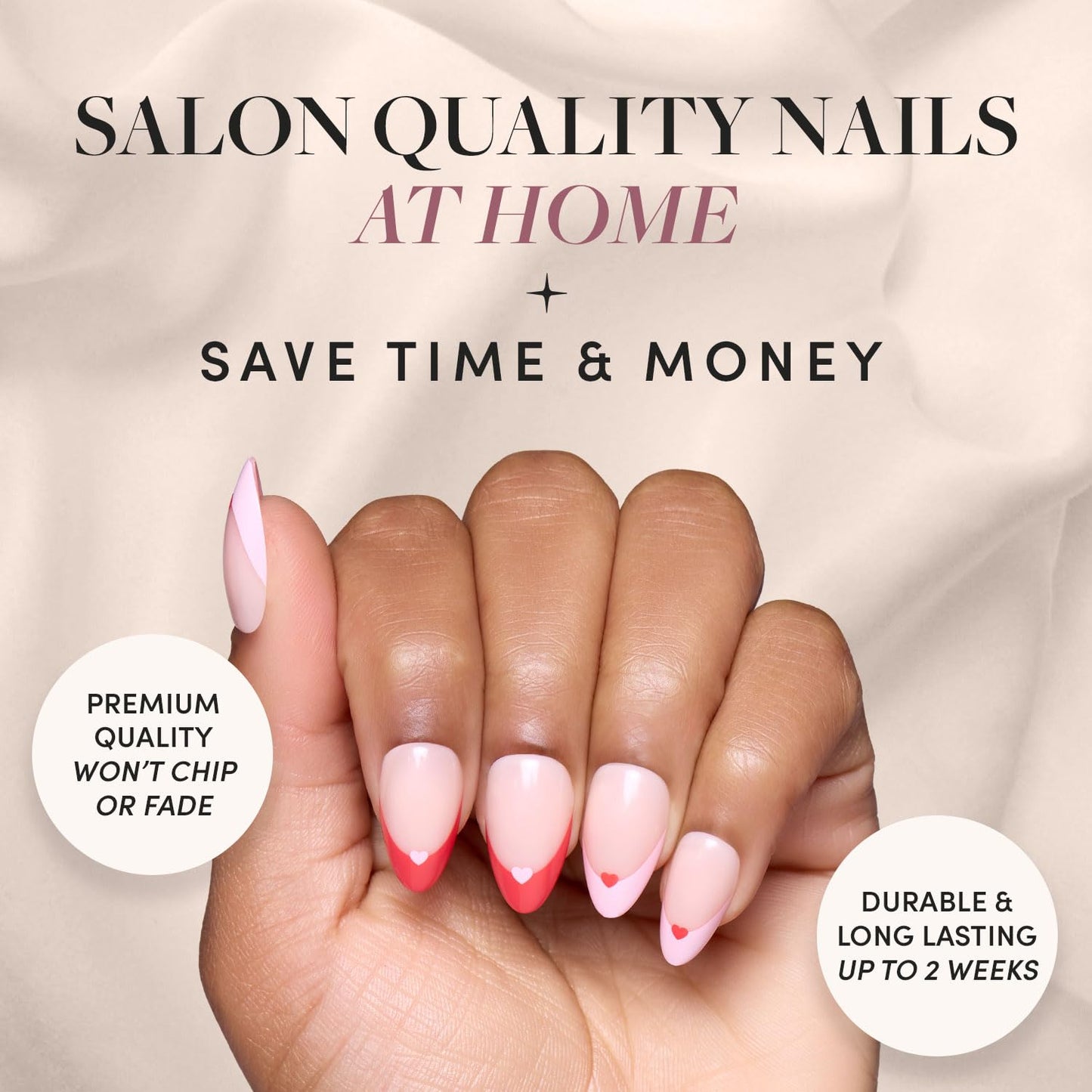 Glamnetic Press-On Nails & Adhesive Nail Tabs - Pure Hearted | Short Almond Fake Nails with Heart Accents | 15 Sizes - 30 Nail Kit with Adhesive Tabs