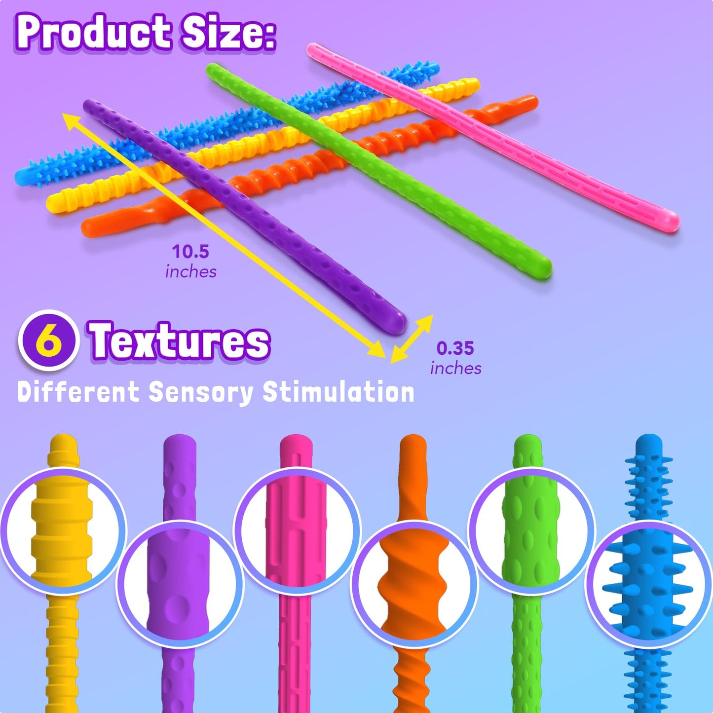 Sensory Fidget Toys for Kids: 6 Pack Textured Silicone Fidget Stick for Stress Relief Autistic ADHD, Quiet Desk Fidgets for Classroom, Sensory Toys for Autism, Egg Filler Easter Basket Stuffers