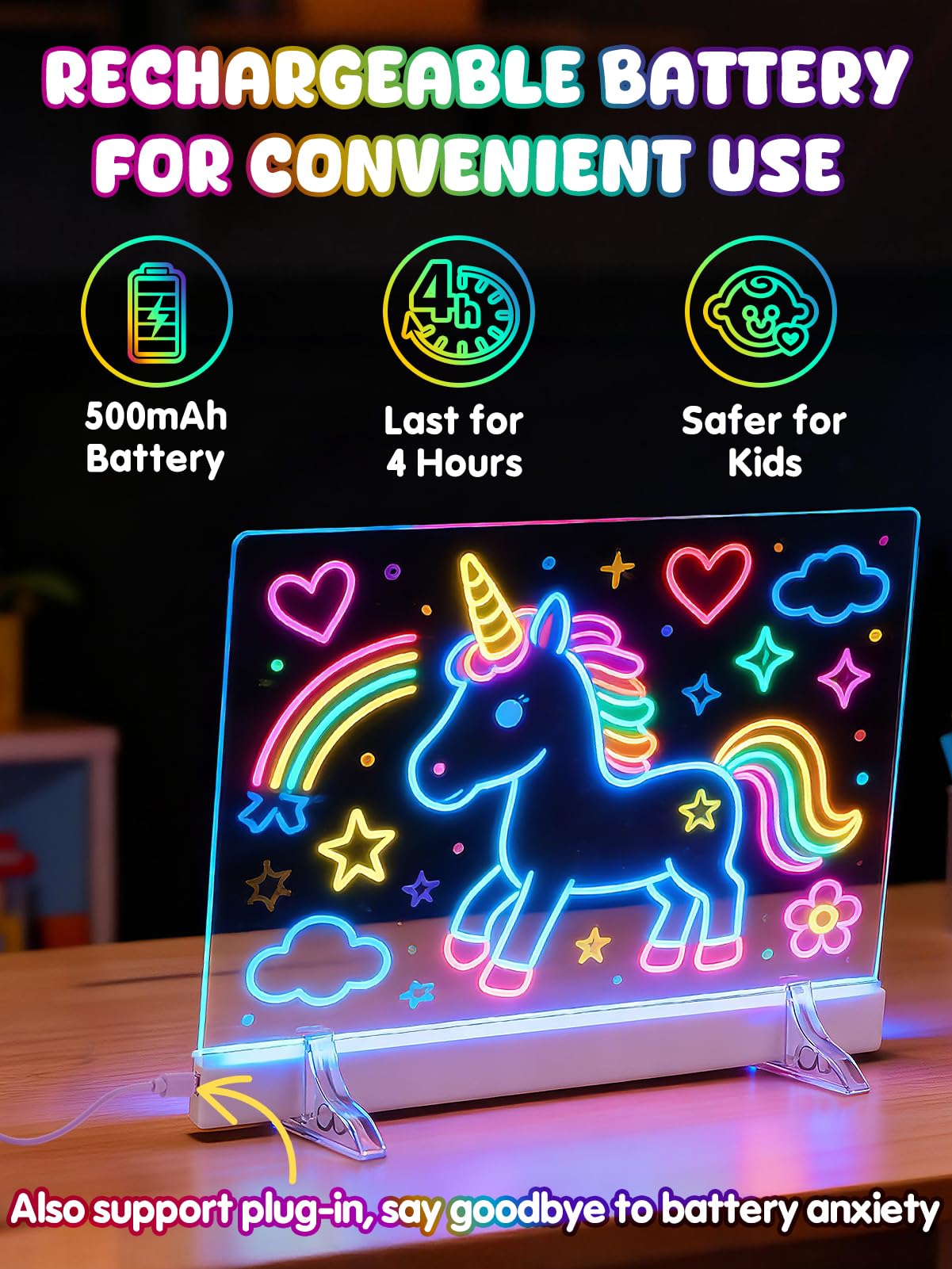 Light Up Led Drawing Board for Kids - Rechargeable 9.8"x13.8" Acrylic Led Note Board with 7 Colors & 4 Modes, Doodle Boards for Art Toys, Birthday Gifts for Grandkids