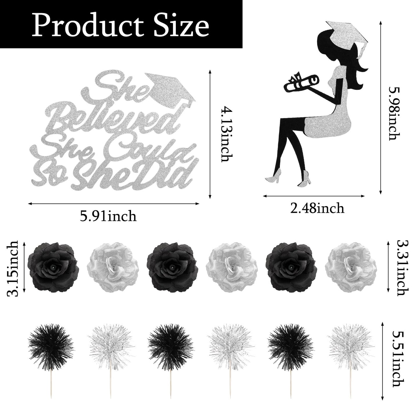 Heliltd 40PCS Graduation Cake Topper Set Black and Silver, Graduation Cake Decorations Kit with Cap Diploma Butterfly Ball Picks Flowers Firework Toppers Girl Silhouette for Class of 2026 Party
