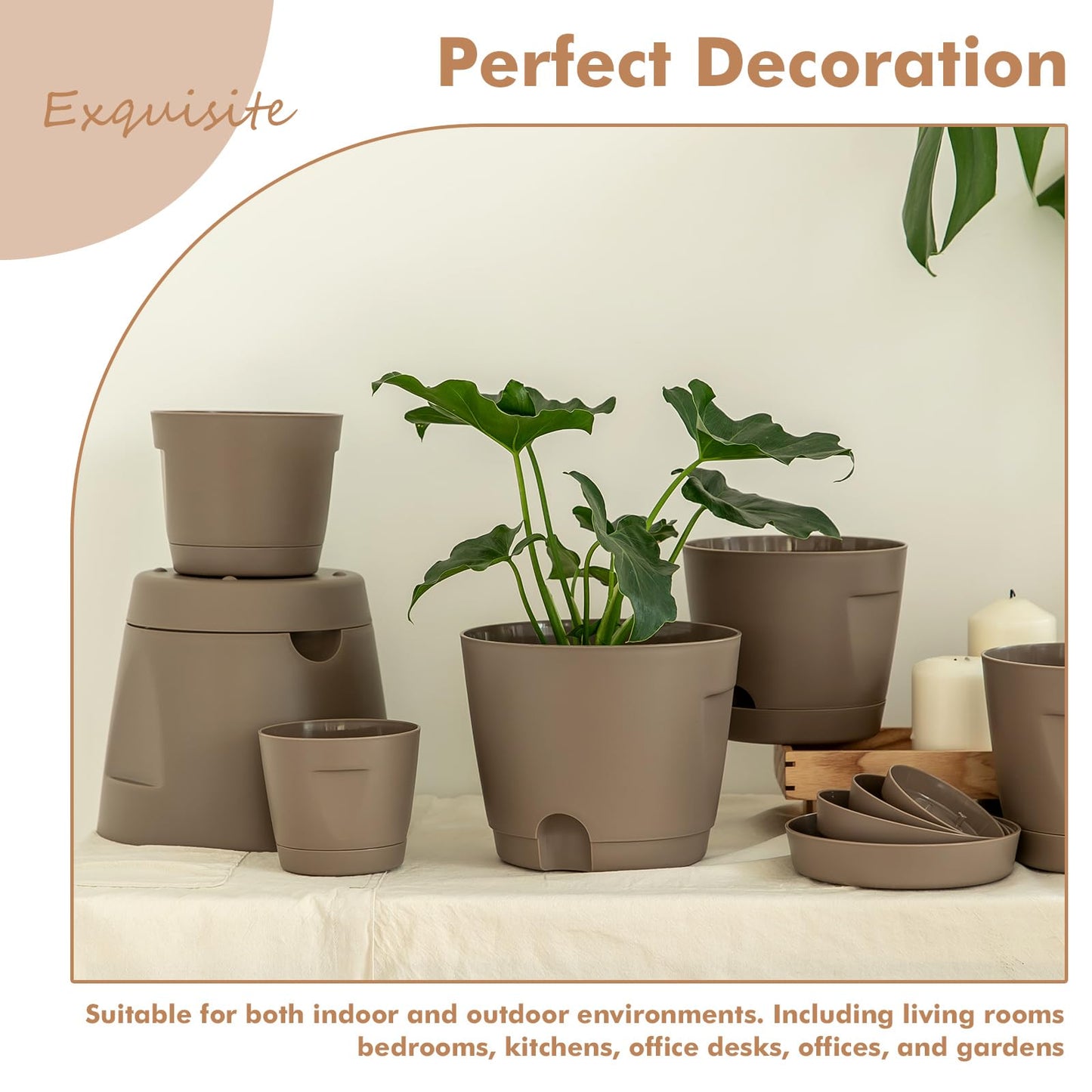 KvyusFlourish 5 Pack 4/5/6/7/8 Inch Plant Pots with Drainage Holes and Saucers Plastic Flower Pots for Indoor Plants Garden Planters Modern Houseplant Pots, Chocolate, Mixed Set