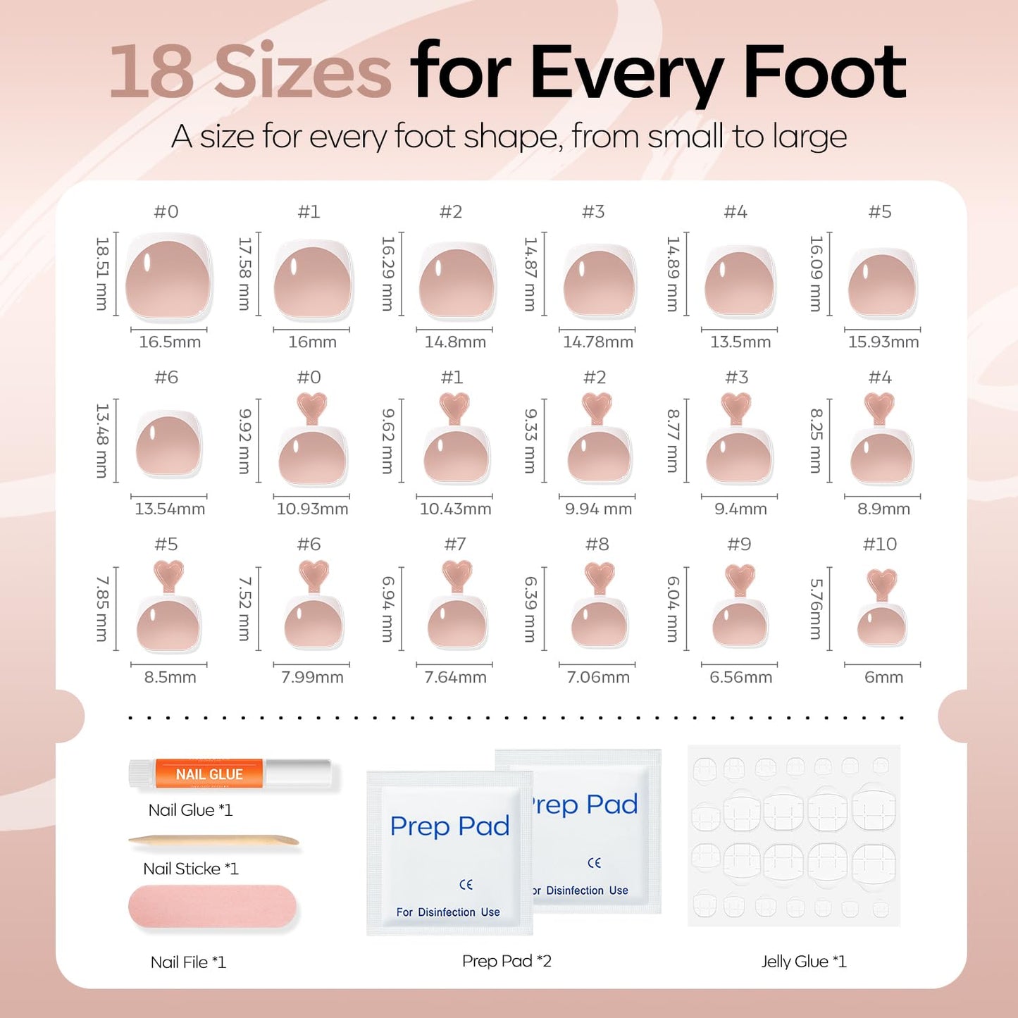 Modelones Press on Toenails Short, Bronze French Tip Toe Nails Square, Reusable Nail Kit with Nail Glue Adhesive Tabs Mini Nail File, Toe Nails 36Pcs 18Sizes, Summer Spring Women Girl Gift