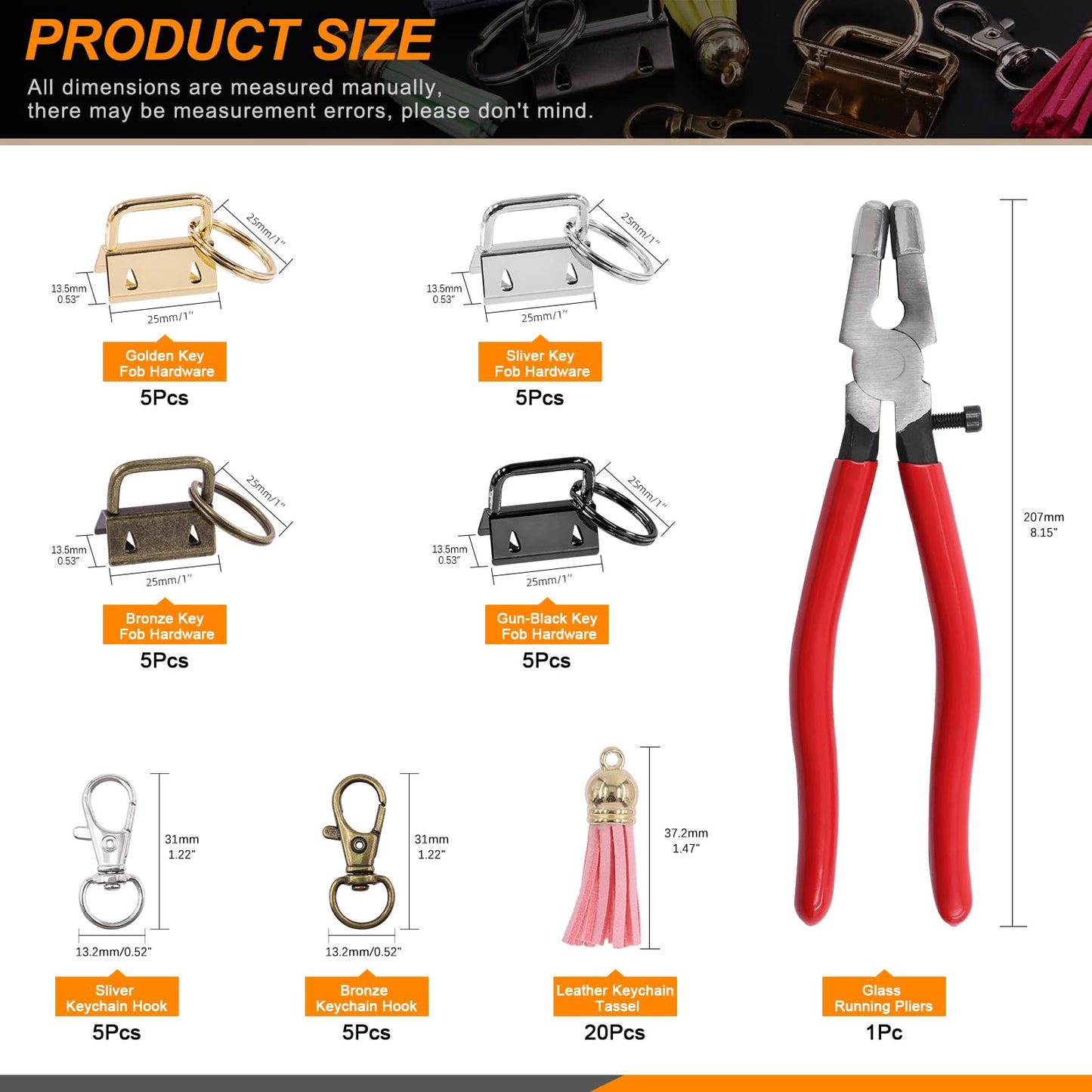 Rustark 51Pcs 4 Colors Key Fob Hardware Kit with Glass Running Pliers, Tassels Keychain Rings Hardware Accessories for Key Chain Making DIY Crafts