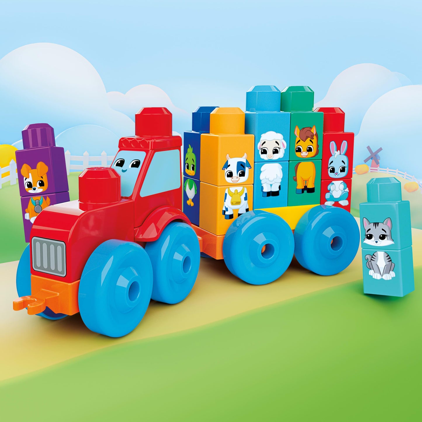 MEGA BLOKS First Builders Toddler Block Toys Set, Build & Match Animal Tractor with 30 Pieces, Learn Animals and Colors, Red and Blue, Ages 1+ Years