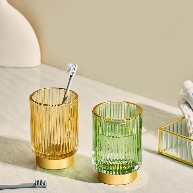 Makeup Brush Holder Organizer,Toothbrush Holders,Desk Pen Pencil Holder,Multifunctional Vintage Glass Brush Cup（S+L/Green/A3-1-US）