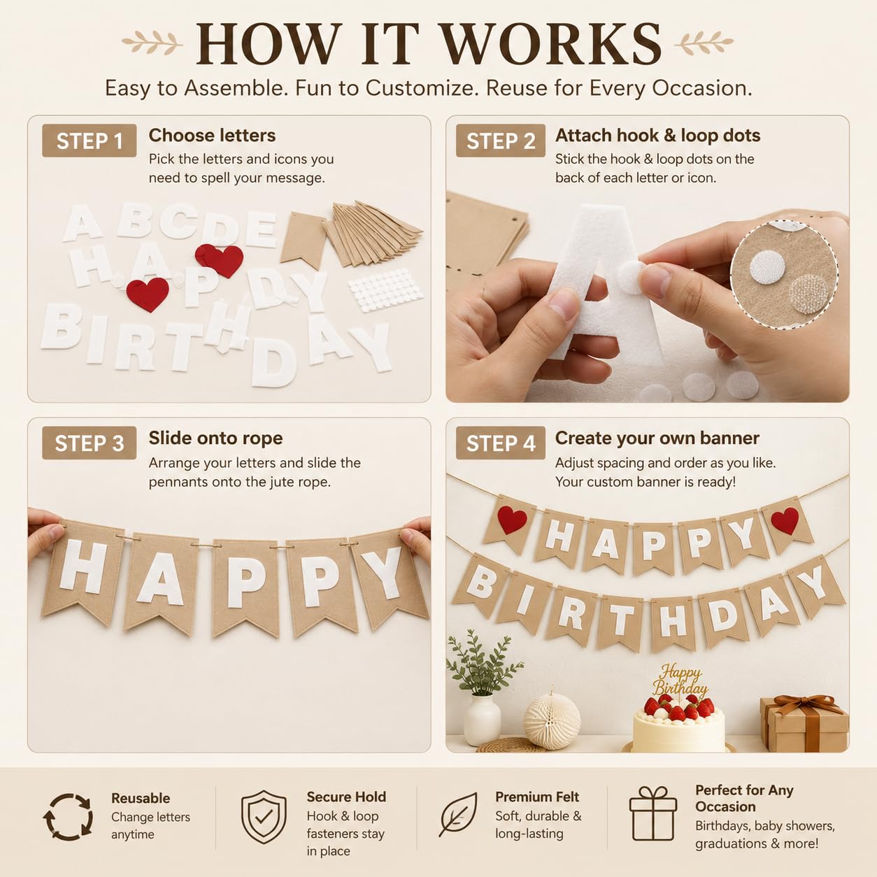 DIY Felt Banner Kit for Custom Messages, Reusable Customizable Party Banner with Detachable Letters, 28 Pennants, Hook & Loop Dots & Jute Rope for Birthday, Graduation, Baby Shower