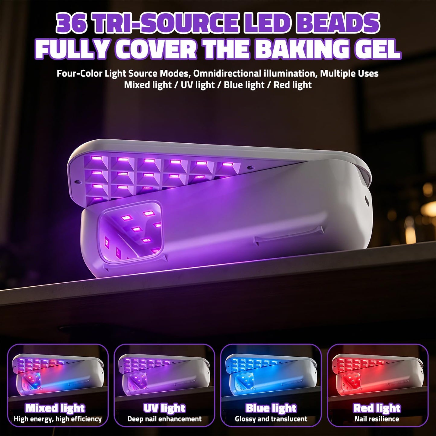 Aisuoker Compact Cordless UV Nail Lamp, 2‑in‑1 Gel Dryer & Nail Care Light with 4 Light Modes, Rotatable Panel & UV Protection Design, Portable LED Nail Light with 4 Modes ＆ Timer for Salon and Home