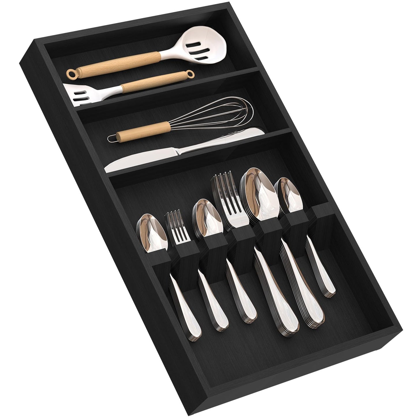 Yofidra Pure Bamboo Silverware Drawer Organizer: 16.5 Inch Large Silverware Utensil Tray Holder, 3-Compartment with 6 Card Slots Kitchen Flatware Organizer Home Essentials, 2024 New Upgrade