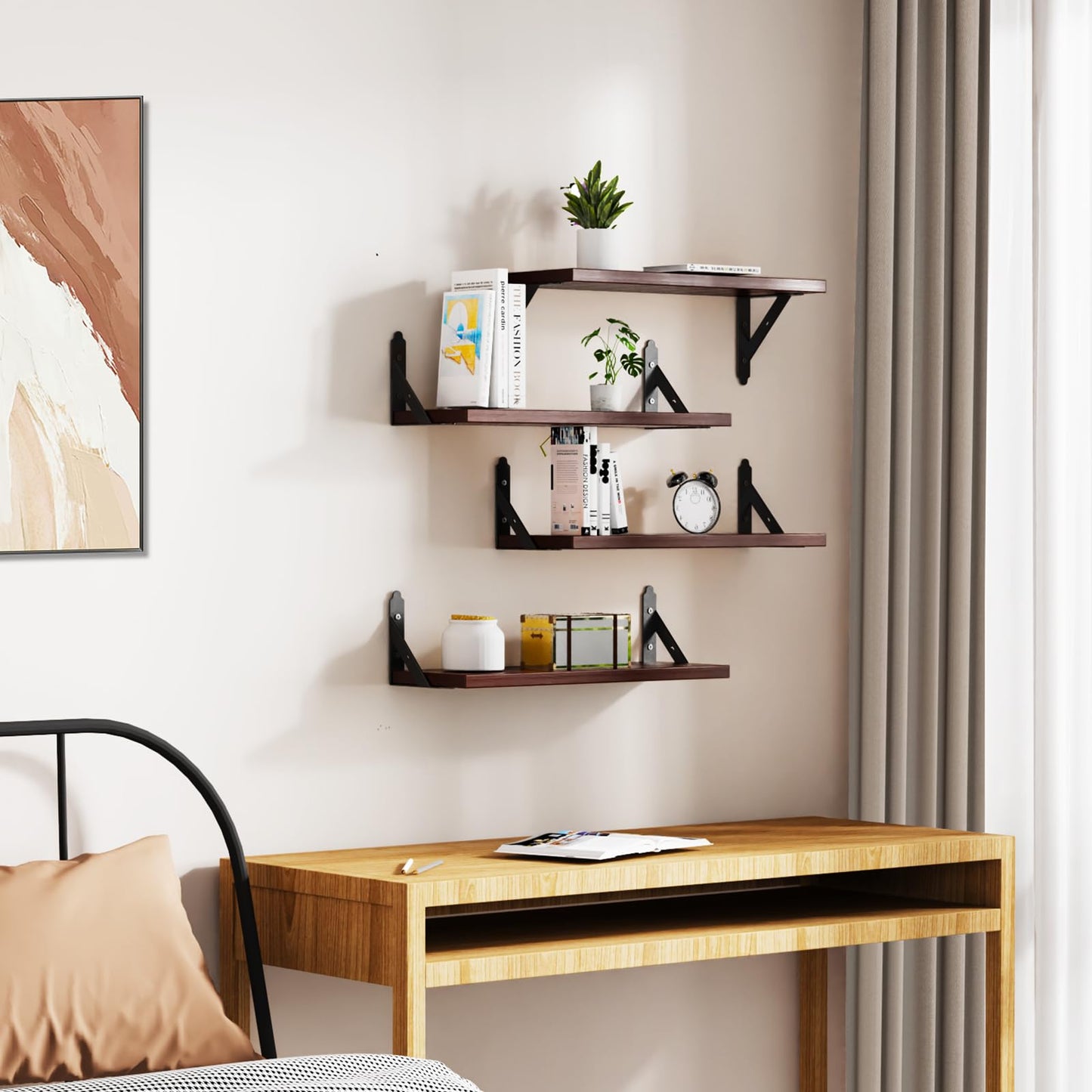 ROMGUAR CRAFT Wood Floating Shelves Set of 4, Rustic Storage Decor Wall Shelves, Wall Mounted Shelf for Living Room, Bedroom 17" x 6", Brown