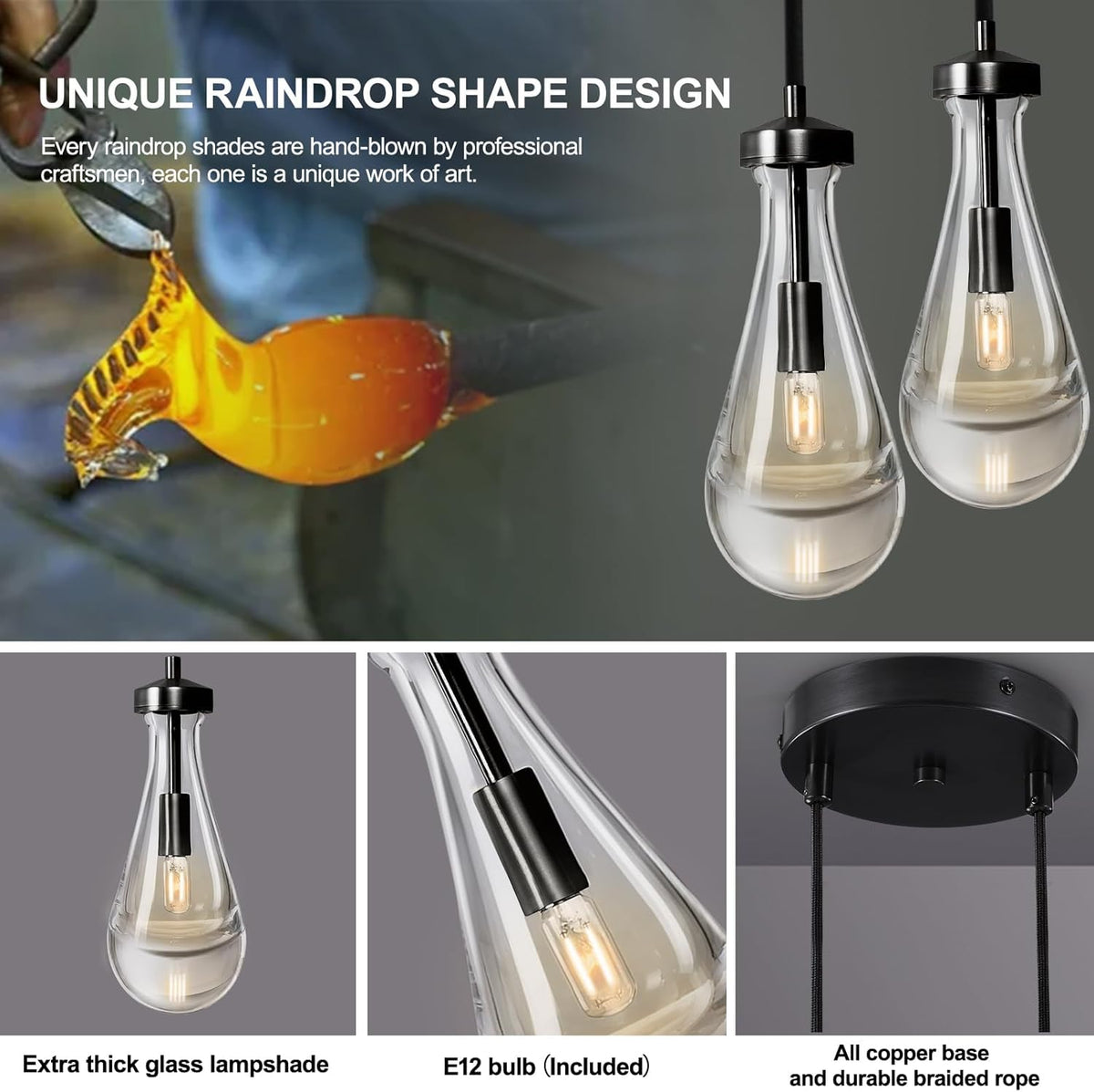 Black Raindrop Pendant Lights Kitchen Island, Bronze 2-Light Cluster Pendant Light for Dining Room, Dimmable Hanging Pendant Lighting Bedroom Light Fixture Ceiling Chandelier for Foyer