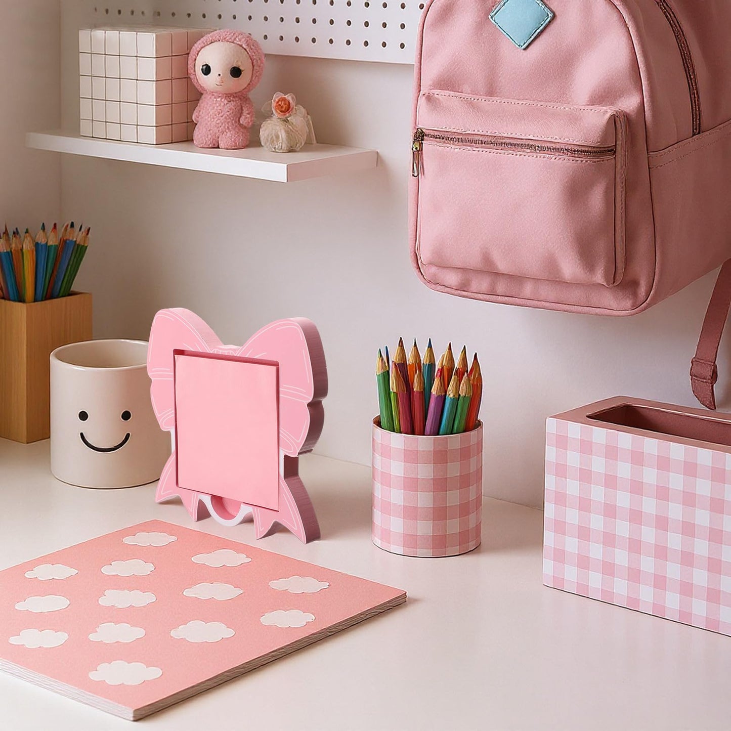 BrightRow Pink Bow Sticky Note Holder Large Wood Notepad Dispenser 3 x 3 Sticky Notes Organizer Cute Self Stick Memo Pad Holder for Desk Office Back to School Gift, No Pads Included