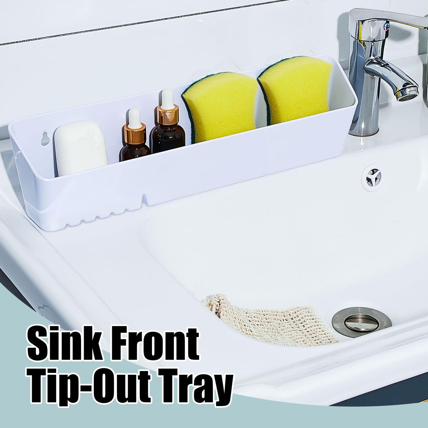 Umigy 2 Pack 14" Kitchen Sink Tip Out Tray, False Drawer Front Flip Tray with Hinges & Clips, Sink Sponge Soap Organizer for Kitchen Bathroom, White