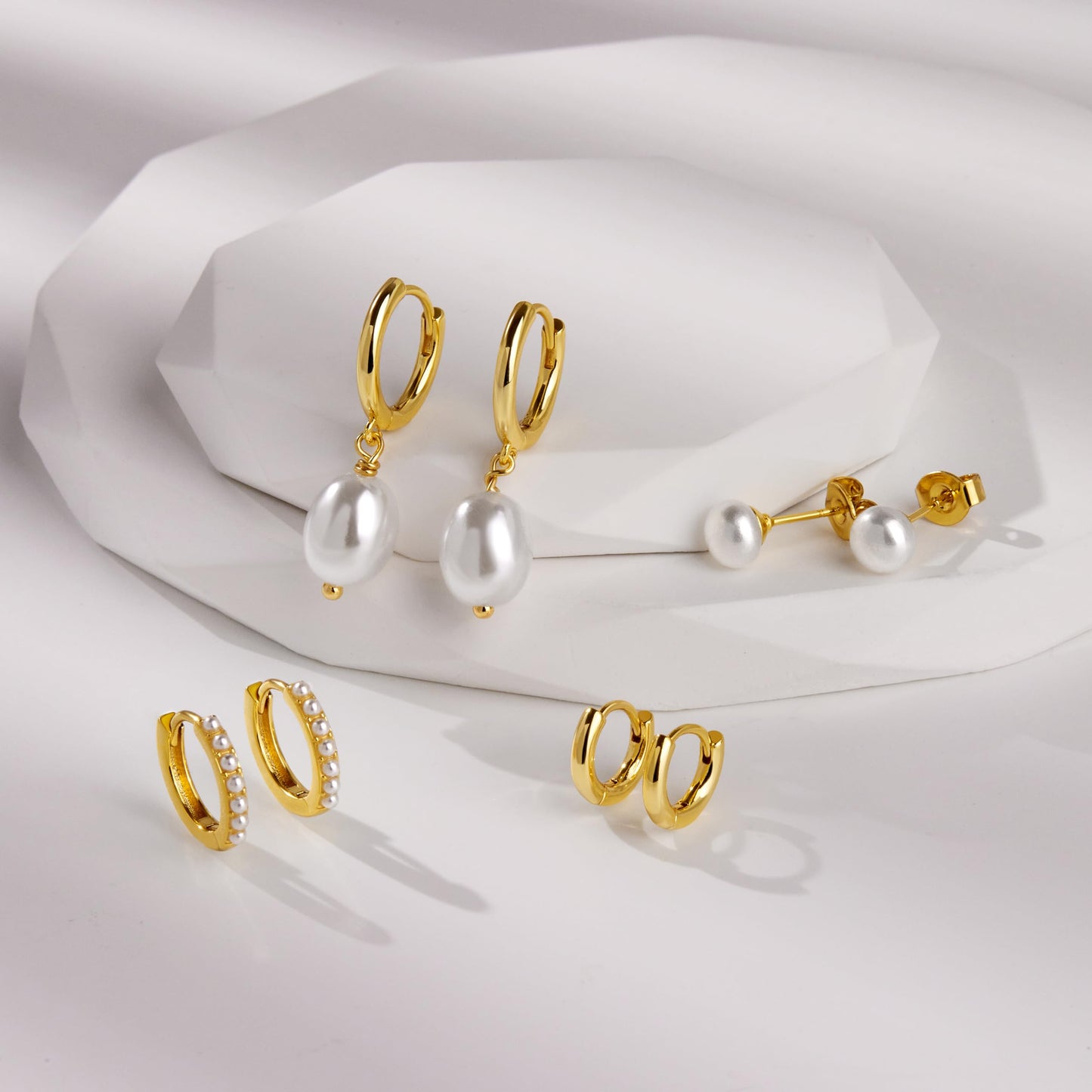 Gold Pearl Earrings for Women,Huggie Small Stack Cartilage Stud Hoop Earring Sets for Multiple Double Piercing, Conch Helix Rook Tragus Daith Piercing Gold Clip On Jewelry Set Gifts