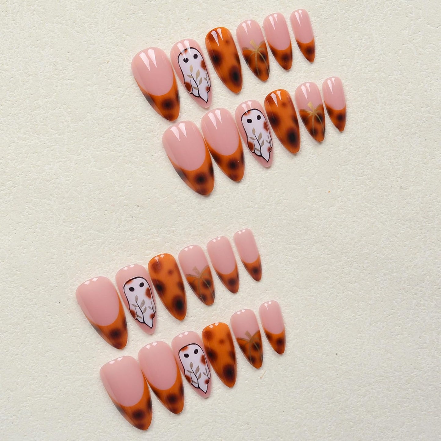 IMSOHOT Halloween Press on Nails - Medium Almond Handmade Fake Nails, Brown Amber Pumpkin French Nail Tips, Cute Ghost Designs, Full Cover Acrylic Glossy Fall False Nails 24Pcs