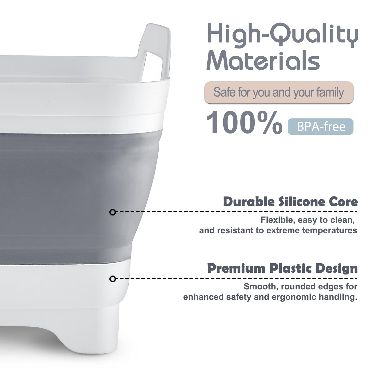 2.4 Gal(9L) Collapsible Dish Basin with Drain Plug, Space Saving Outdoor Multiuse Foldable Sink Tub, Dishpan, Kitchen Storage Tray for Camping, Vegetable Washing, RV (Gray)