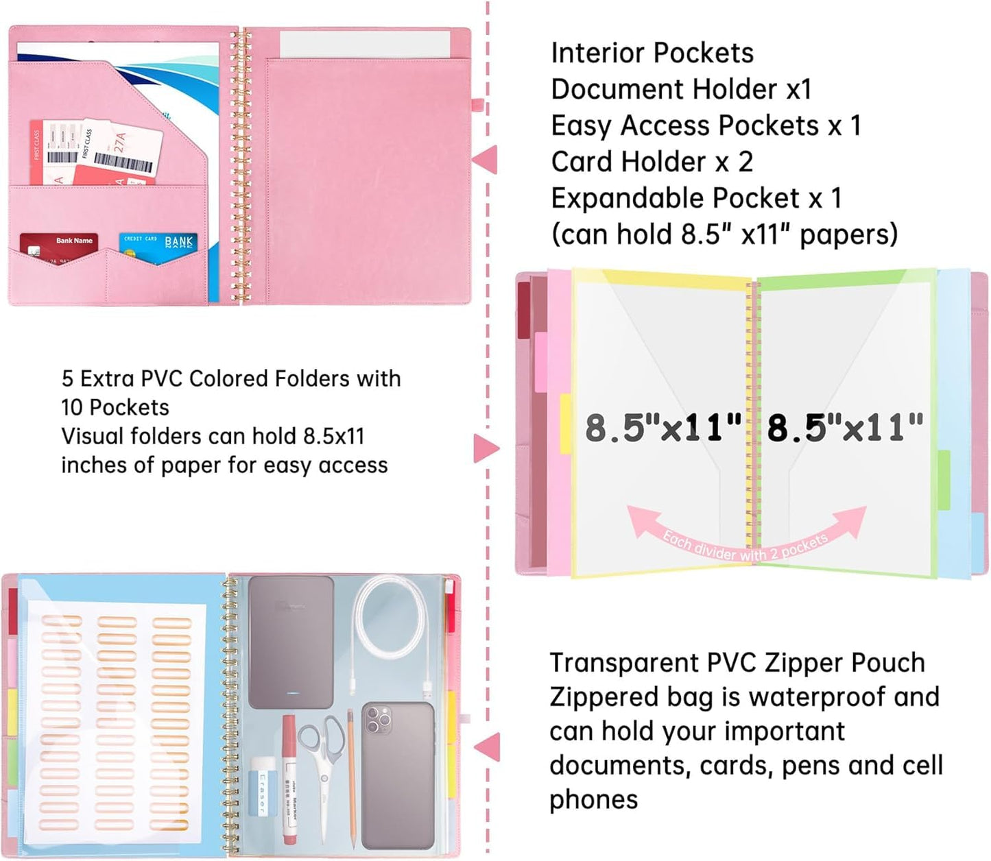 HAUTOCO Spiral Leather Clipboard Folio with Notepad (8.5 x 11''), 5 Folders with 10 Pockets, Storage Zipper Pouch, Pen Loop, 39 Stickers, Padfolio Organizer for Work School, Pink