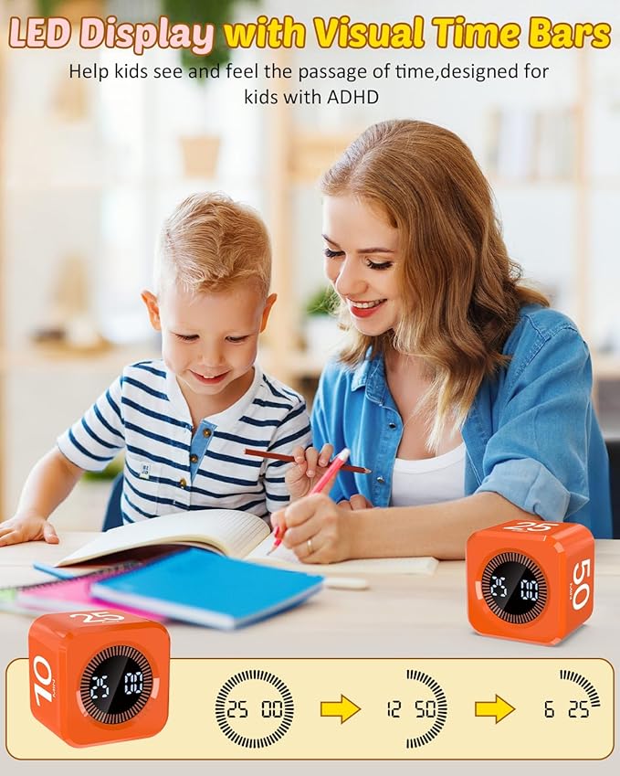 Pomodoro Timer Cube Visual Productivity Flip Timer for Kids Classroom Desk, 5/10/25/50min&Custom Countdown, Silent&Sound Mode Digital Cube for ADHD Study Work School Game Kitchen (Orange)