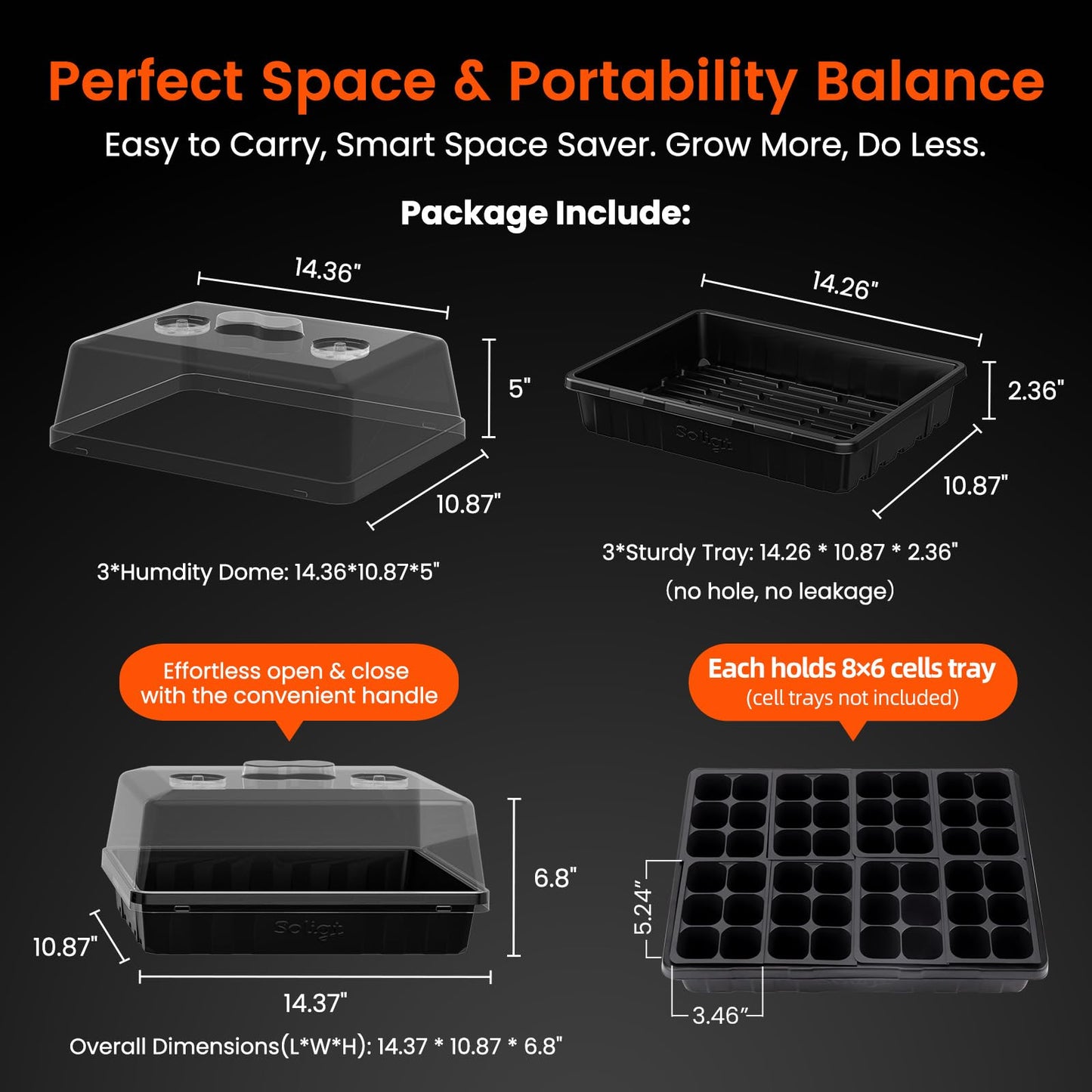 SOLIGT [Thick Plastic] 3-Set Strong Seed Starter Trays with 5" Humidity Domes for Seed Starting, Germination, Seedling Propagation & Plant Growing, Holds 144 Cells in Total
