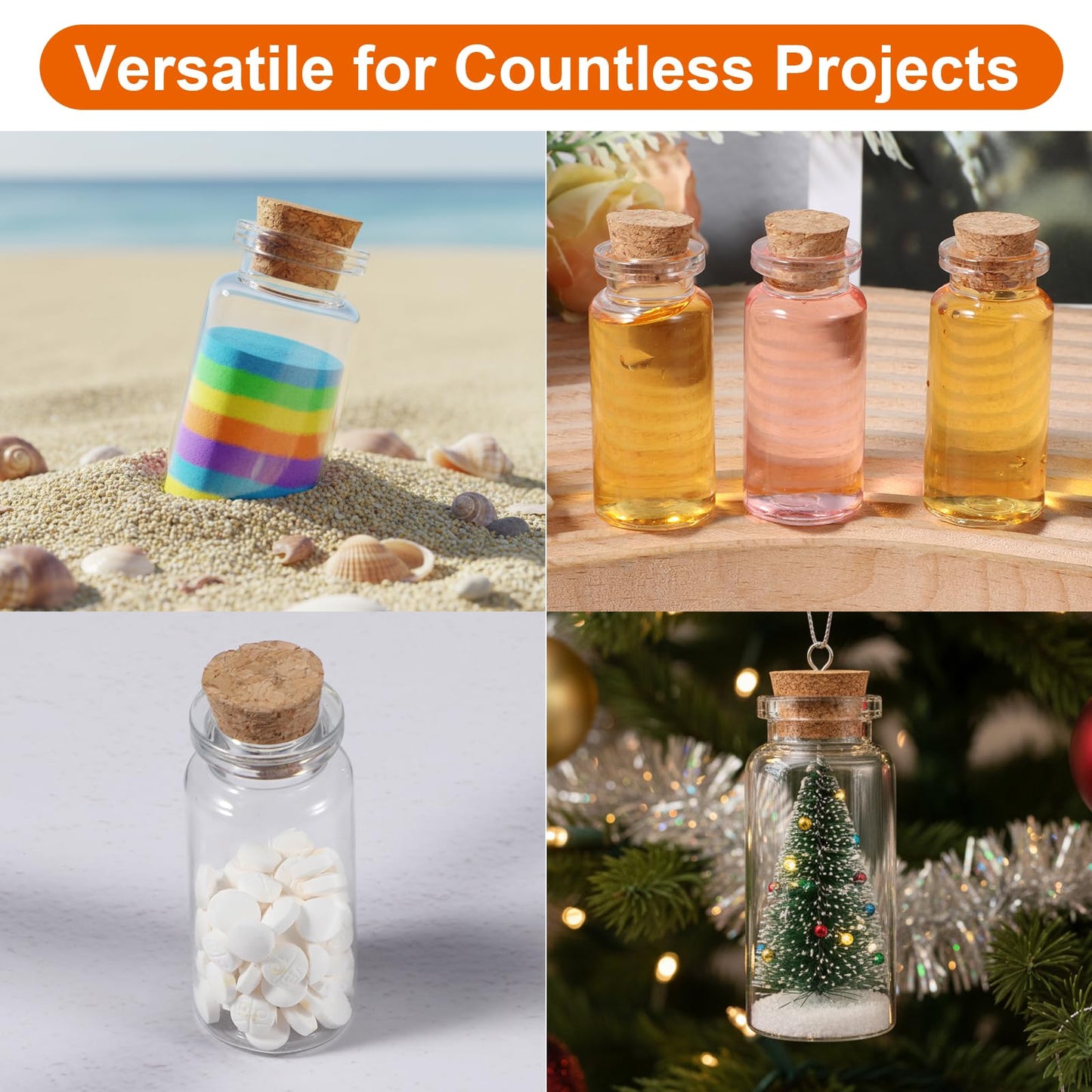 xozeooeu 120 Pack 10ml Mini Plastic Bottles with Cork Stoppers, Small Empty Clear Plastic Jars for DIY Crafts, Wedding Favors, Spice & Sample Containers, Party Decor