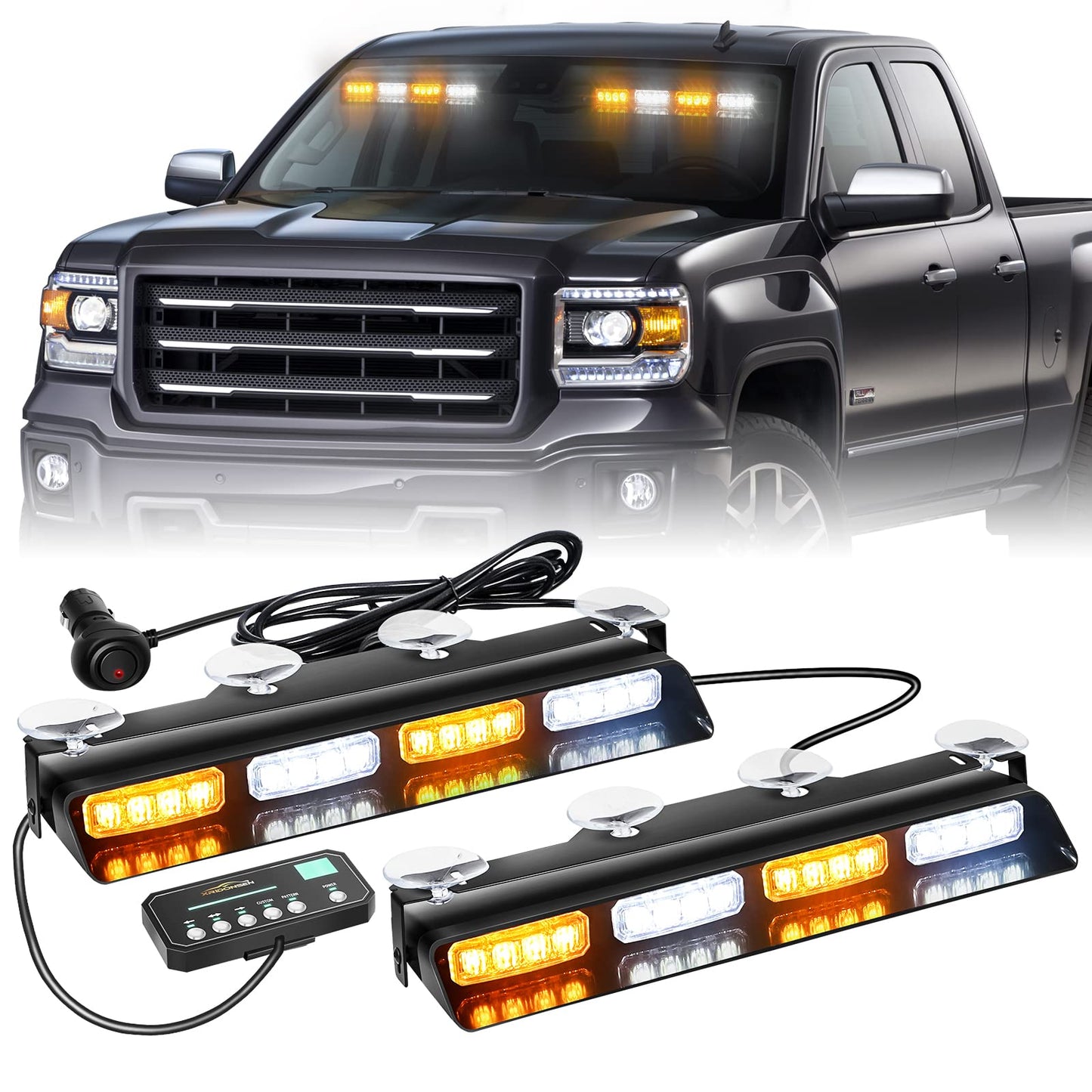 XRIDONSEN Emergency Dash Strobe Lights Safety Flashing Warning Hazard Interior Front/Rear Windshield Deck Split Light Bar with Suction Cups for Construction Vehicles Trucks (2x14 inch, Amber White)