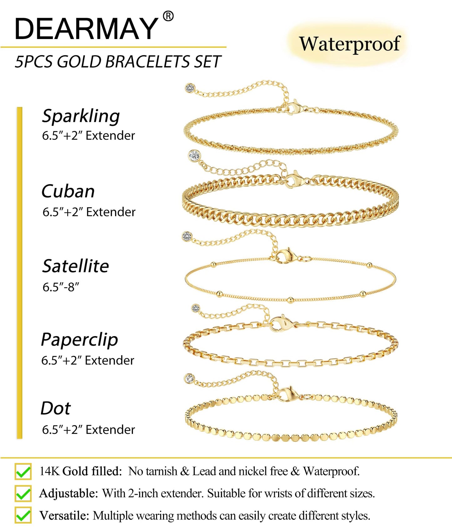 DEARMAY Gold Plated Chain Bracelets for Women Waterproof Dainty 14K Gold Jewelry Set Fashion Stackable Beaded Figaro Herringbone Link Bracelet Trendy Pack Stack Gifts